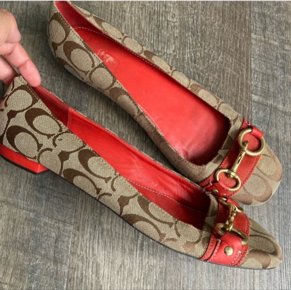 Coach Reddish Orange Flats with Gold Buckles